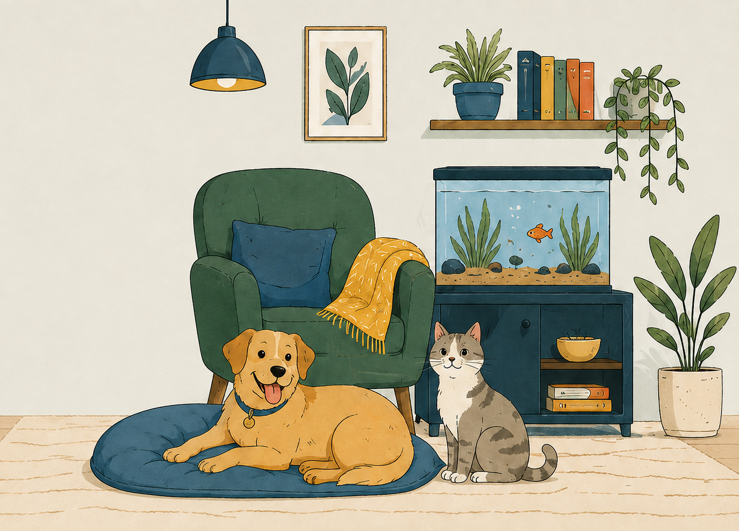 A cozy room with a dog, cat, aquarium, books and plants
